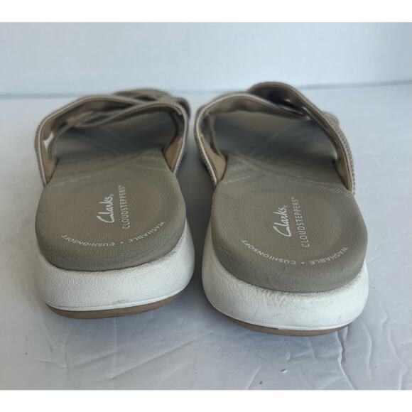 Clarks Cloudsteppers Mira Isle Tan/White Canvas Strap Flip Flop Slide Sandal 7.5 - Picture 7 of 11